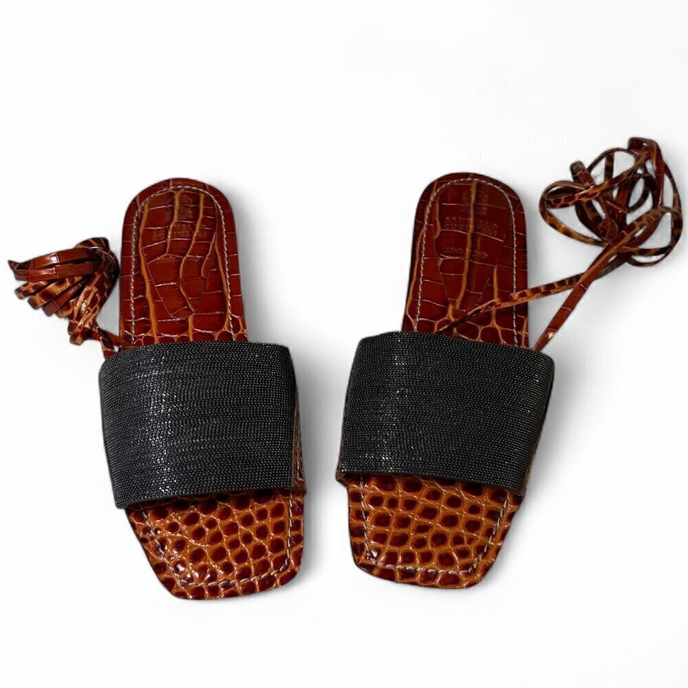 Brunello Cucinelli Women's Orange & Brown Croc Embossed Flat Sandals Sz 37 NWOB